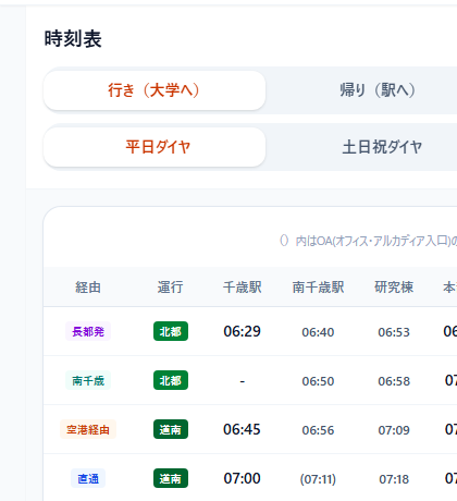 ビビバスの時刻表一覧。平日ダイヤと土日祝ダイヤを切り替えて、千歳駅・南千歳駅・研究棟などの時刻が見られる